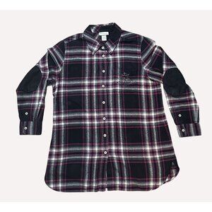 Soft Surroundings Womens Plaid Flannel Button up Shirt XL ELBOW PATCH embroidery